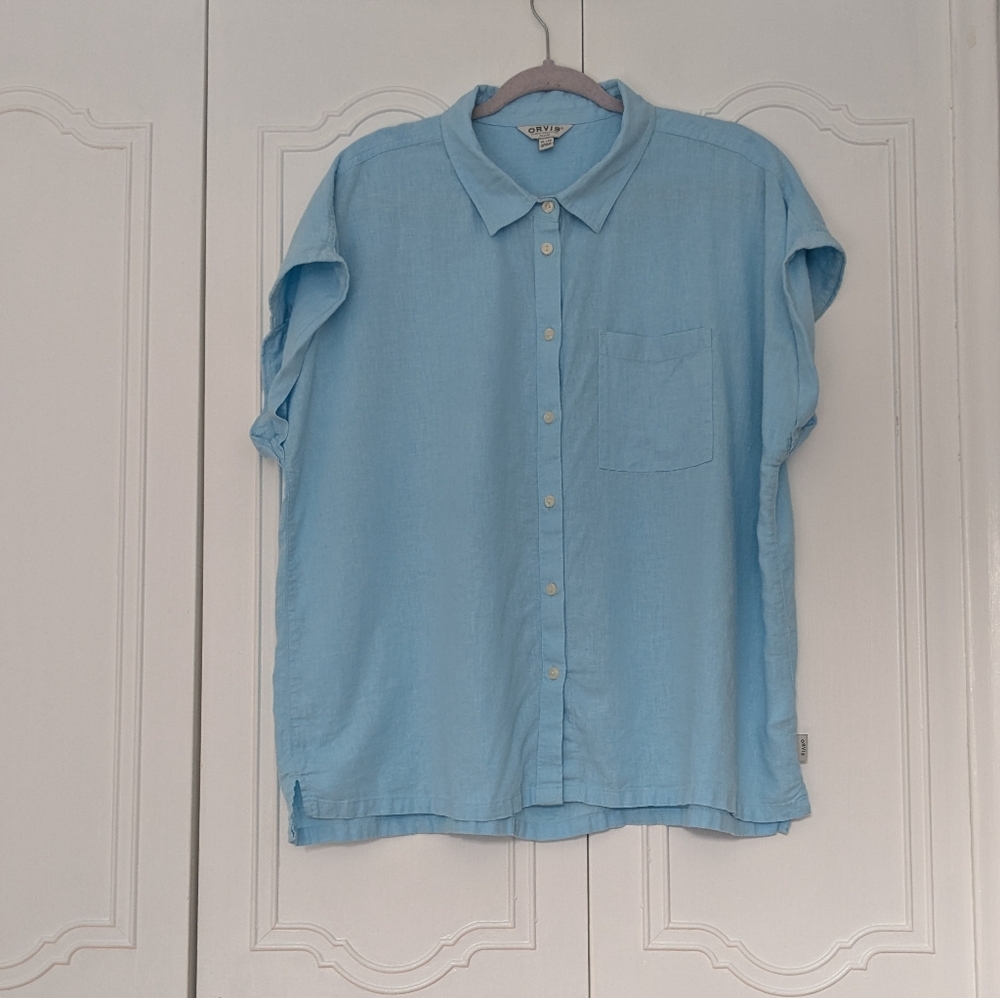 Orvis Sky Blue women's Short Sleeve Blouse Linen Blend Button Up Size XL